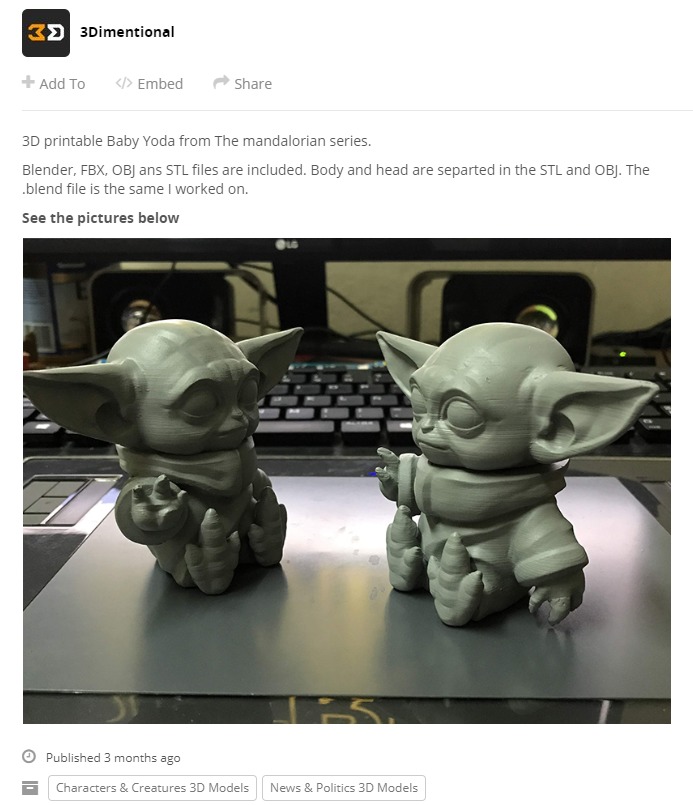 Modelo Baby Yoda impreso en 3D